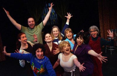 Clockwise from upper left, Greg Pschirrer as Geoffrey, Angela Snyder as Andy, Danae Lowman as Mavis, Carolee Young as Dorothy, Becky Moonitz as Mrs. Fraser, Nicole Hicks as Rose, Kathie Doyle-Lipe as Vera, Evelyn Renshaw as Sylvia and Lei Broadstone as Maxine in Interplayers Ensemble's