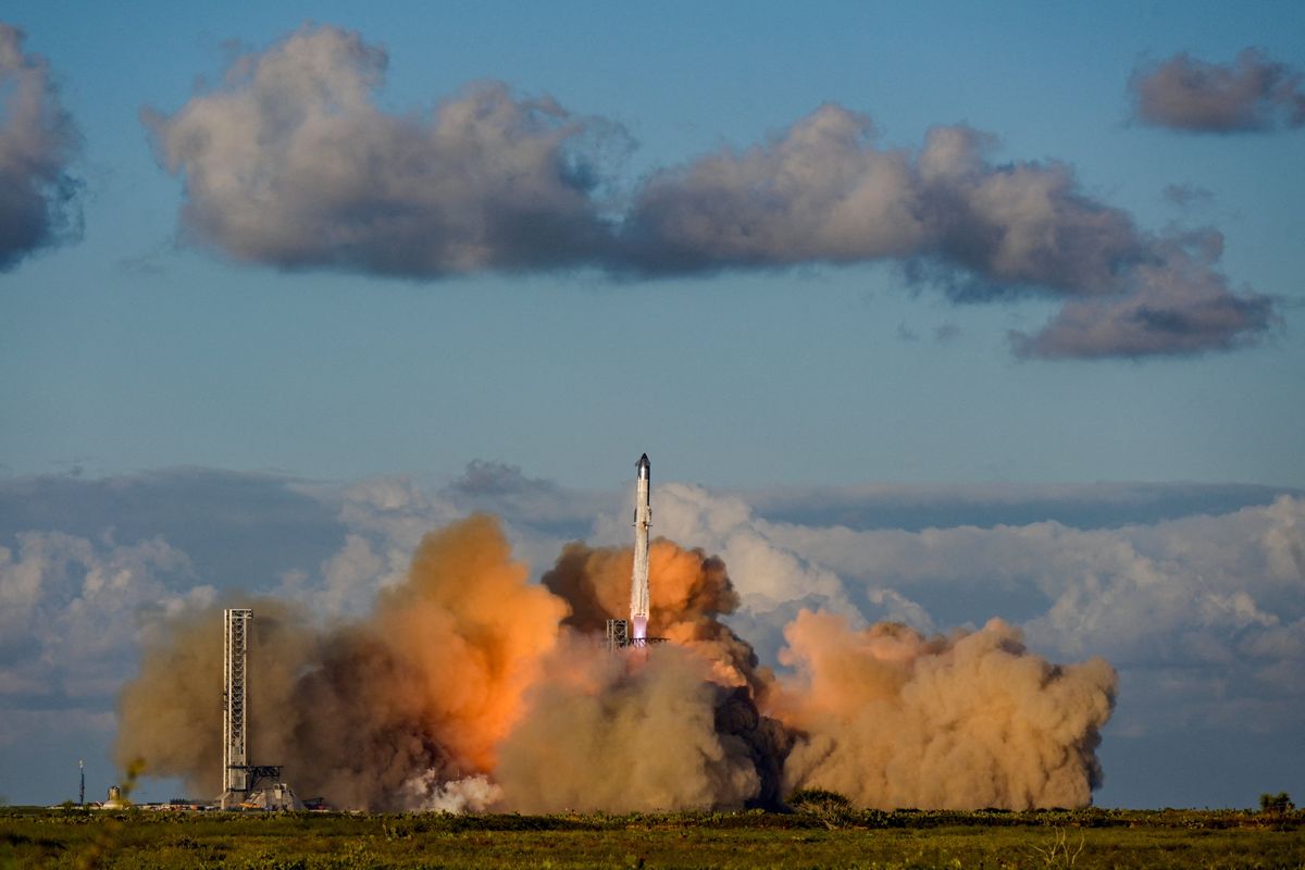 A SpaceX Super Heavy booster carrying the Starship spacecraft lifts off on its 11th test flight at the company’s launch pad on Oct. 13 in Starbase, Texas.  (Reuters)