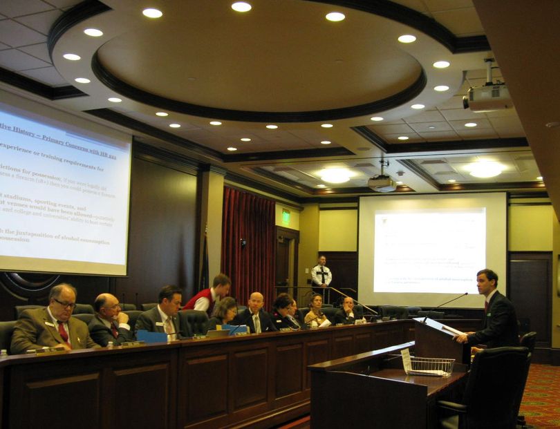 Dakota Moore, lobbyist for the National Rifle Association, presents SB 1254 to the Senate State Affairs Committee on Wednesday morning (Betsy Russell)