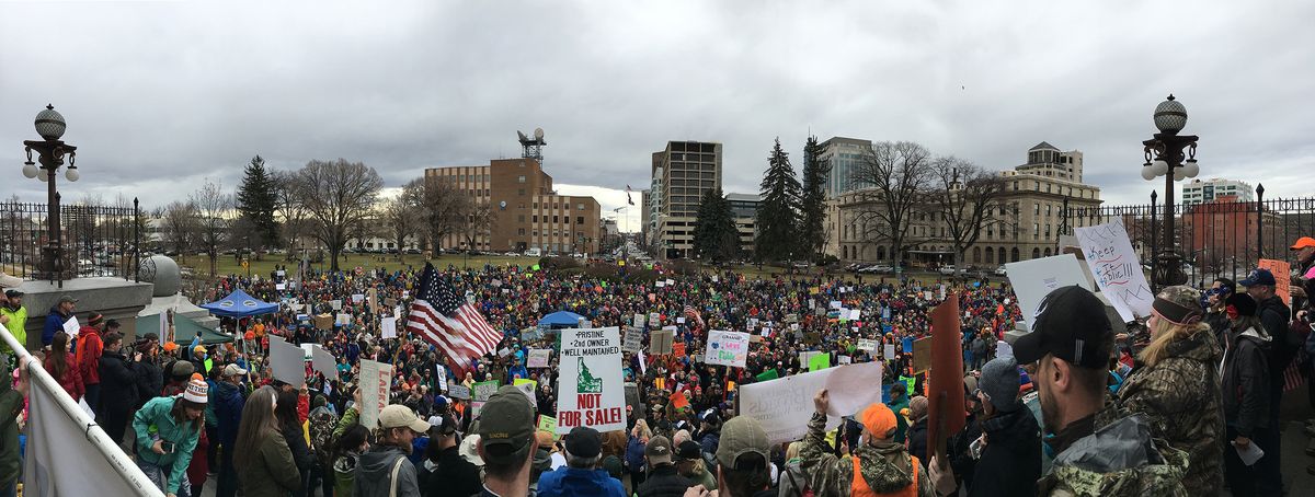 More than 2,000 people attended a March 4, 2017, rally for public lands at the Idaho Capitol. Participants included hunters, bikers, rafters, hikers, bikers and bird-watchers. (Kate Thorpe / Idahoans for Public lands)