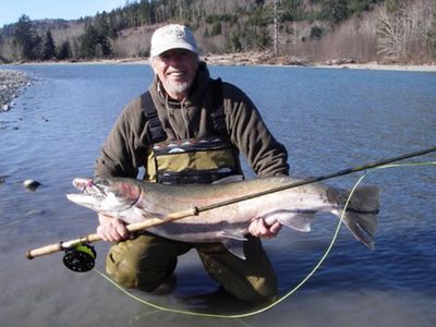 Peter Harrison of Port Townsend shows off the 29.5-pound steelhead he caught in the Hoh River on Feb. 20. His first steelhead is a pending line-class world record. Courtesy of Shirley Metz (Courtesy of Shirley Metz / The Spokesman-Review)