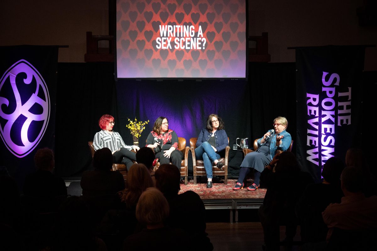 Romance authors, left to right: Katee Robert, Rebecca Zanetti, Lucy Gilmore and Asa Maria Bradley discuss their work during Auntie's Presents - Galentine's Day, A Northwest Passages Event held, Mon. Feb., 24, 2020, at the Montvale Event Center. (Colin Mulvany / The Spokesman-Review)
