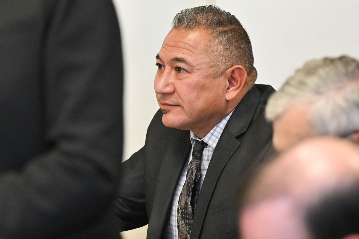 Richard Aguirre listens as his attorney, Karen Lindholdt, questions a witness on Tuesday, Dec. 19, 2023, at Spokane County Superior Court in Spokane. A judge declared him guilty of first-degree murder at a hearing on Tuesday.  (Tyler Tjomsland/The Spokesman-Review)