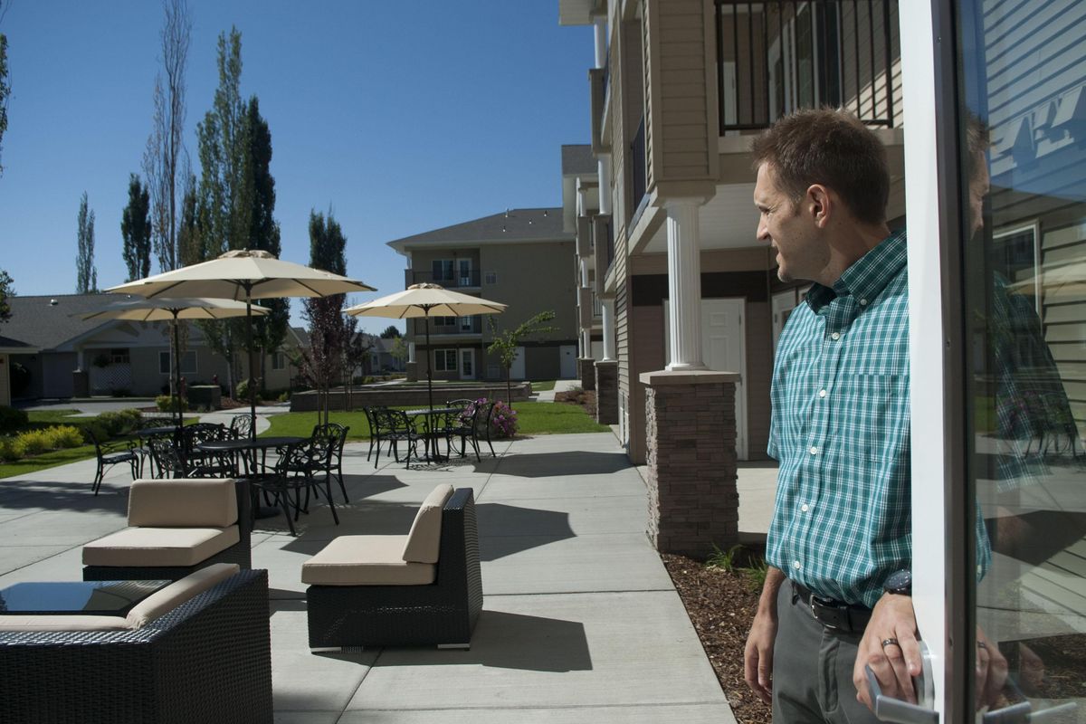 Gene Arger leads a tour of Evergreen Fountains senior living in Spokane Valley on Monday, July 23, 2018, to talk about the $12 million expansion. (Kathy Plonka / The Spokesman-Review)