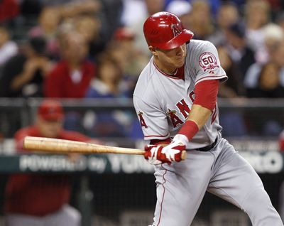 Mike Trout slugs the second of his two home runs on Tuesday. (Associated Press)
