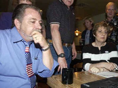 
Idaho State Senator Kent Bailey, left, watches the results on a laptop computer showing Tuesday night that he was behind Clyde Boatright and Mike Jorgenson in the race for his seat in District 3. He was at Sargents Restaurant in Hayden. At right is Jan Fisher. Idaho State Senator Kent Bailey, left, watches the results on a laptop computer showing Tuesday night that he was behind Clyde Boatright and Mike Jorgenson in the race for his seat in District 3. He was at Sargents Restaurant in Hayden. At right is Jan Fisher. 
 (Jesse Tinsley/Jesse Tinsley/ / The Spokesman-Review)