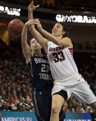 Heading to the basket, Gonzaga Bulldogs guard Lindsay Sherbert (33) has the ball stripped away Brigham Young Cougars guard Lexi Eaton (21)during the first half of a West Coast Conference tournament championship NCAA woman's college basketball game Tuesday in Las Vegas, Nevada.  Eaton was called for the foul. (Colin Mulvany)