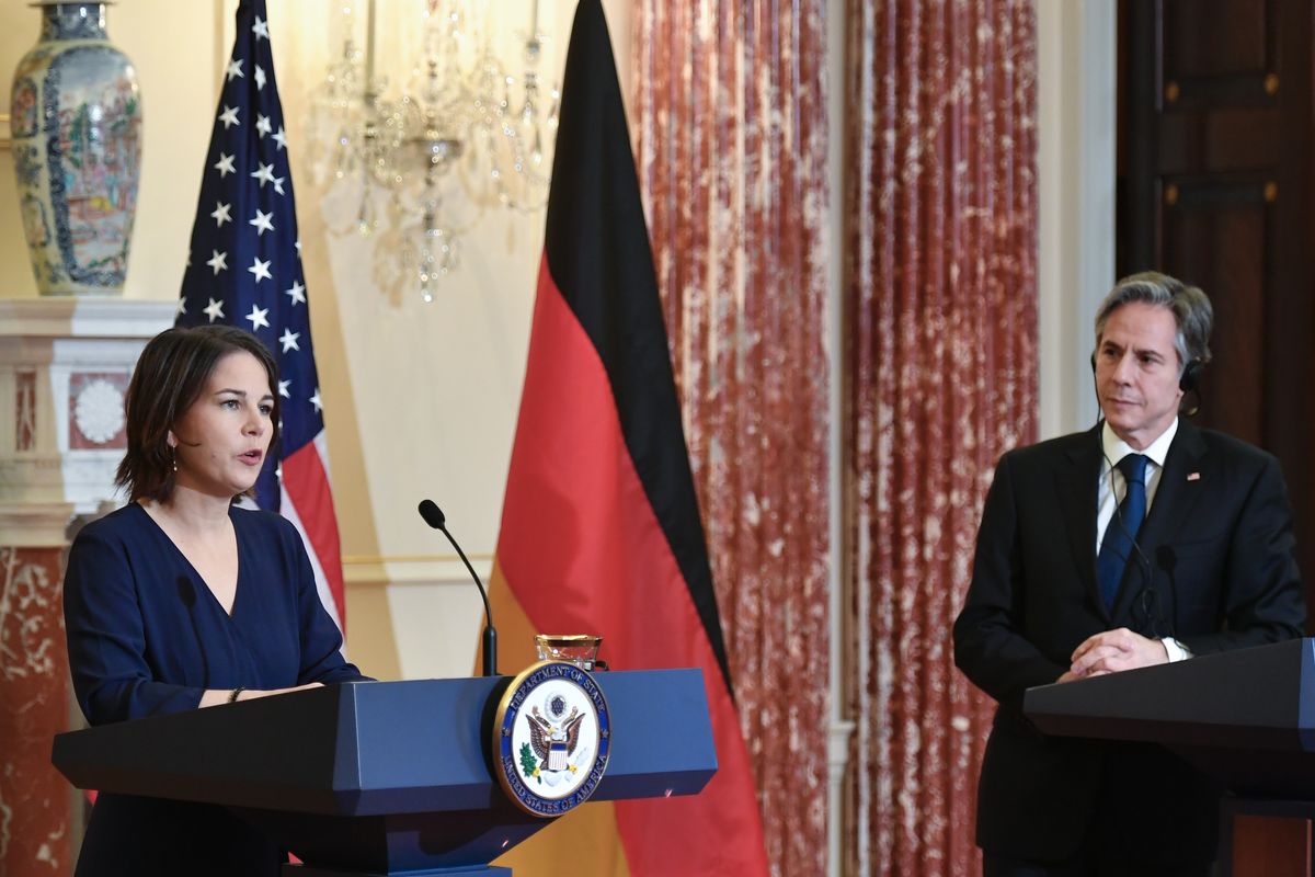 German Foreign Minister Annalena Baerbock speaks during a news conference with Secretary of State Antony Blinken at the State Department, Wednesday, Jan. 5, 2022, in Washington.  (Mandel Ngan)