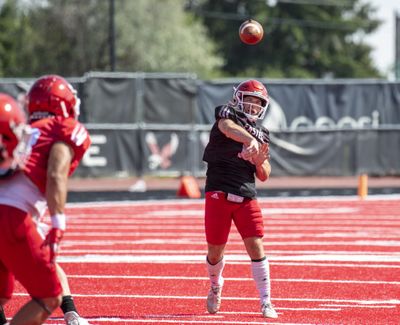 Backup quarterback Gunner Talkington makes a pass Wednesday during Eastern Washington’s scrimmage at Roos Field in Cheney. In two scrimmages, Talkington was a combined 11 of 21 for 157 yards.  (Jesse Tinsley/THE SPOKESMAN-REVI)
