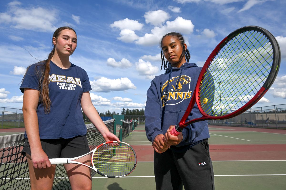 Mead Panthers tennis standouts Josie Kellogg, left, and Alexis Mattox pose for a photo at Mead High School on May 3.  (Jesse Tinsley/THE SPOKESMAN-REVI)
