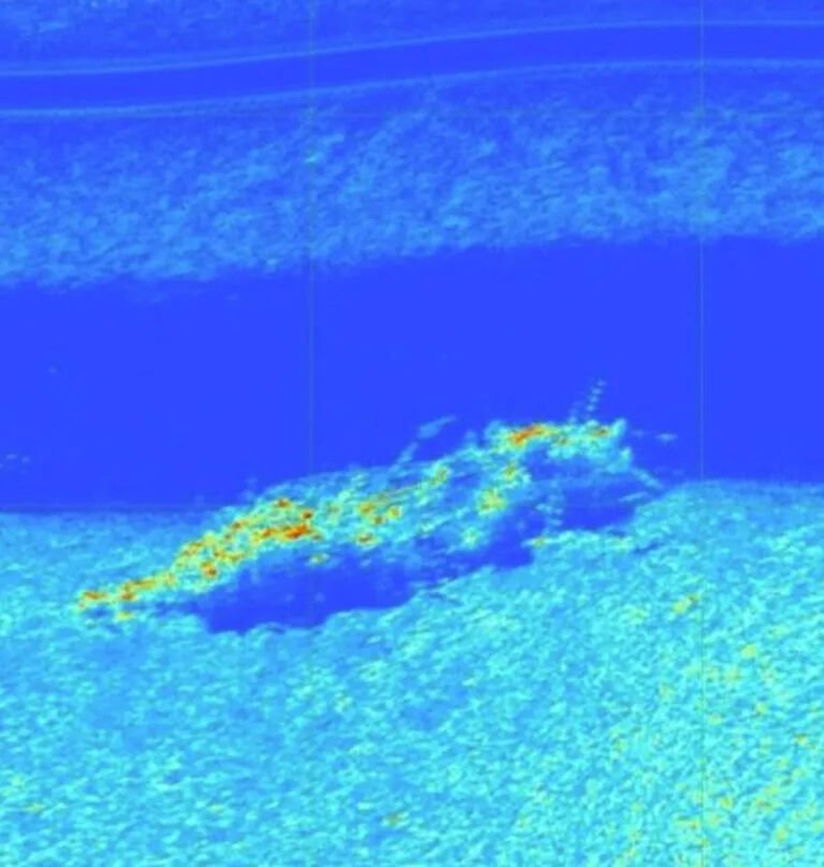 An image of the floatplane wreckage on the seafloor taken Saturday by the University of Washington’s vessel using side-scan sonar.  (Courtesy of UW Applied Physics Laboratory)