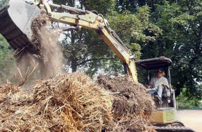 
Austin Brangwin of AM Landshapers clears out the final bits of debris from the Moore-Turner Heritage Gardens renovation project.
 (Kate Clark/ / The Spokesman-Review)