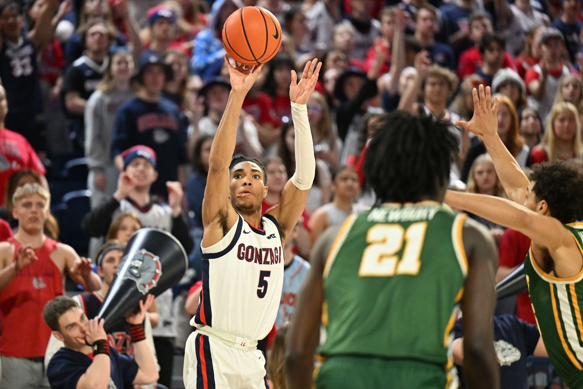 Gonzaga Bulldogs guard Hunter Sallis (5) shoots against the San Francisco Dons during the first half of a college basketball game on Thursday, Feb 2023, at McCarthey Athletic Center in Spokane, Wash.  (Tyler Tjomsland / The Spokesman-Review)