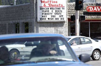 
Davis Donuts, whose readerboard at 4th Street and Appleway in Coeur d'Alene has been known to carry messages both deep and silly, now offers thoughts about Joseph Edward Duncan III. 
 (Jesse Tinsley / The Spokesman-Review)