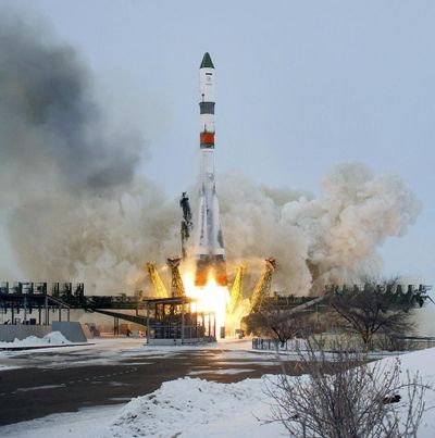 In this file photo distributed by Roscosmos Space Agency Press Service on Thursday, Feb. 15, 2018, Russian cargo ship Souz 2,1A takes off from the launch pad at Russia's main space facility in Baikonur, Kazakhstan, Tuesday, Feb. 13, 2018. (Associated Press)