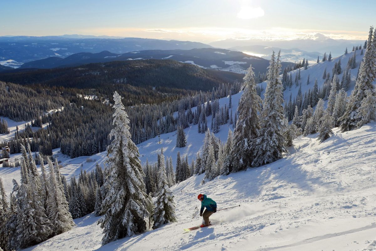 A skier skis amid trees on Silver Star