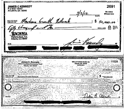 James Cox Kennedy, board chairman of media giant Cox Enterprises, donated $100,000 to a secretive conservative group accused of breaking Montana's campaign finance laws to influence the 2012 elections. Kennedy owns property along eight miles of the Ruby River and has been involved in a long-running litigation against public access, which has already gone to the Supreme Court once and may find its way back there. The issue-advocacy group, Montana Growth Network, financed ads supporting the winner of the 2012 state Supreme Court election and opposing the two other candidates. (State of Montana)