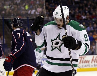 Dallas Stars' Tyler Seguin celebrates one of his three goals against the Columbus Blue Jackets. (Associated Press)