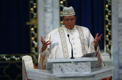 Nation of Islam Minister Louis Farrakhan speaks at a ceremony to mark the opening of the renovated Mosque Maryam on Oct. 19  in Chicago.  (Associated Press / The Spokesman-Review)