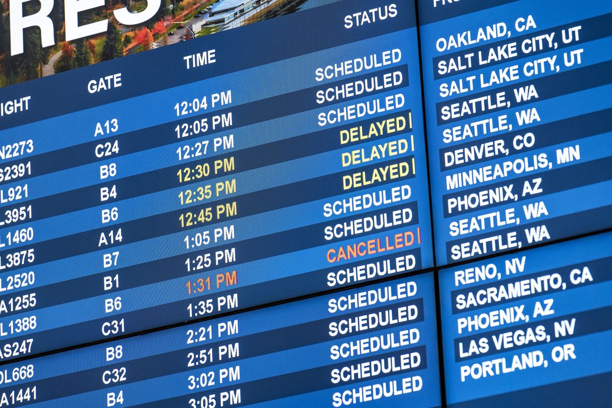 Travelers to and from Spokane International Airport have faced holiday travel delays in the form of canceled and delayed flights, Wednesday, Dec. 29, 2021.  (COLIN MULVANY/THE SPOKESMAN-REVI)