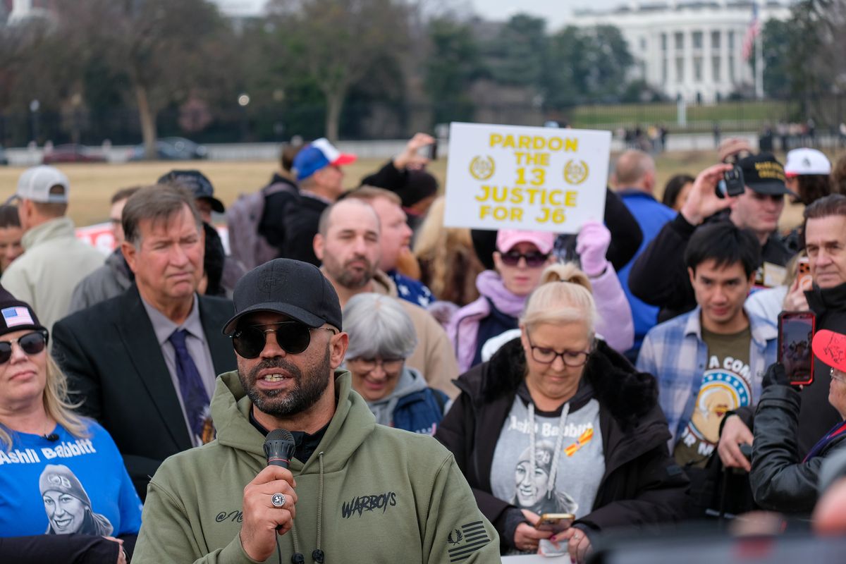 Enrique Tarrio, former leader of the far-right Proud Boys, speaks on the White House Ellipse on Tuesday. Tarrio, who was sentenced to 22 years in prison for his role in planning the attack, was pardoned by Trump along with more than 1,500 others who had been charged with crimes related to the attack. (Orion Donovan Smith/The Spokesman-Review)