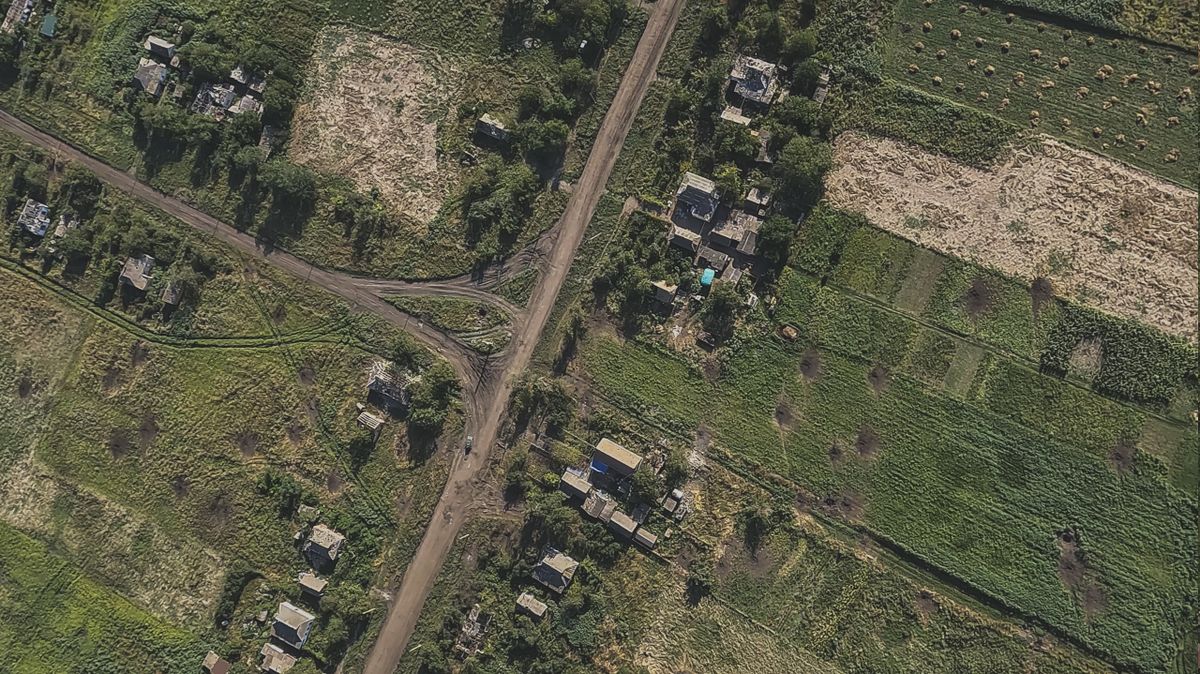 An image provided by a Ukrainian Volunteer Army drone reconnaissance unit showing Russian positions along the southern front in Ukraine in August 2023. The unit allowed a team of New York Times journalists to accompany it on a mission close to the front line as it sent a drone into Russian-occupied territory to surveil the battlefront.    (Ukrainian Volunteer Army)
