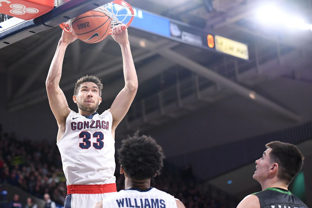 Gonzaga Bulldogs forward Killian Tillie (33) dunks the ball against North Dakota during the first half of a college basketball game on Saturday, December 16, 2017, at McCarthey Athletic Center in Spokane, Wash. (Tyler Tjomsland / The Spokesman-Review)