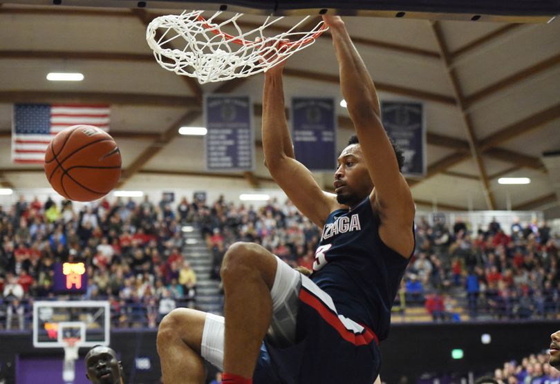 Gonzaga forward Johnathan Williams dunks the ball during the first half of an NCAA college basketball game against the Portland in Portland, Ore., Monday, Jan. 23, 2017. (AP Photo/Steve Dykes)