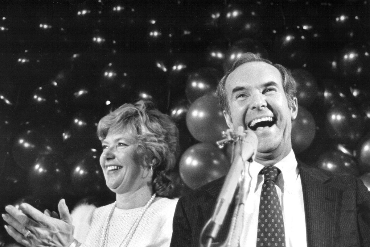 In this Nov. 7, 1984, photo, Booth Gardner and Jean Gardner greet supporters after incumbent John Spellman conceded defeat in the gubernatorial race.  Gardner, a two-term Democratic governor, died Friday, March 15, 2013, after a long battle with Parkinson