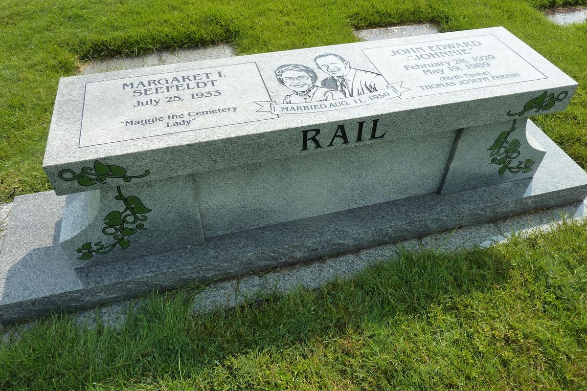 The gravestone for Maggie Rail, “the Cemetery Lady,” and her husband at Greenwood Memorial Terrace. The region’s most prolific cemetery researcher died April 26, 2018, and that date is soon to be recorded on the stone. Her tireless work reading cemeteries and recording, updating and correcting records in numerous states has been of great value to genealogists and families seeking historical information. (Stefanie Pettit / The Spokesman-Review)