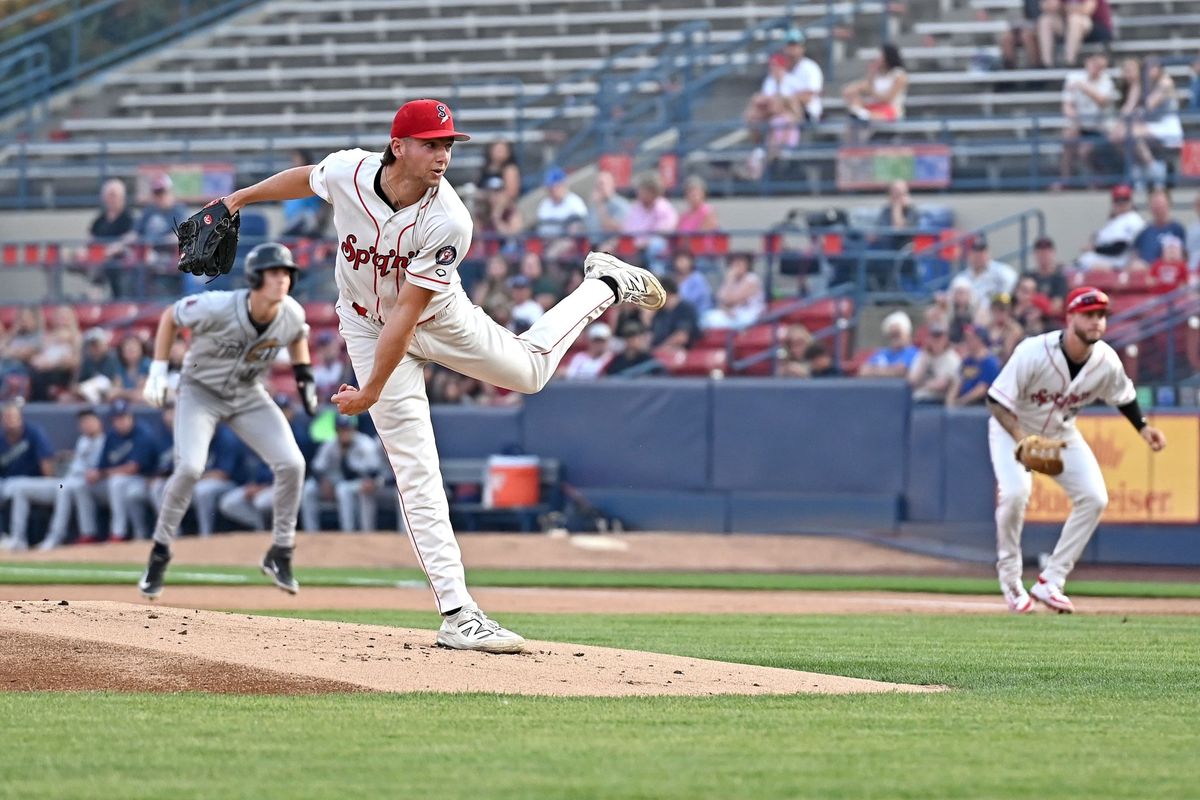 Spokane Indians pitcher Everett Catlett delivers against the Tri-City Dust Devils on Aug. 26 at Avista Stadium.  (Spokane Indians)