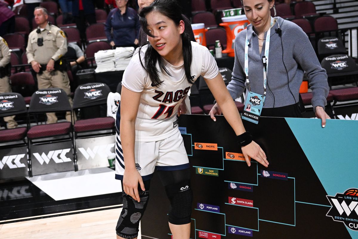 Gonzaga Bulldogs guard Kaylynne Truong (14) places GU on the WCC bracket after they defeated the Pacific Tigers during the second half of a WCC women’s semifinal basketball game on Monday, March 11, 2024, at the Orleans Arena in Las Vegas, Nev.  (Tyler Tjomsland/The Spokesman-Review)