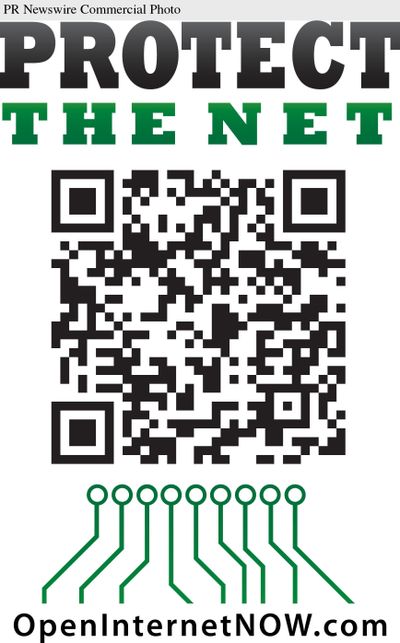 A Protect the Net QR code button is shown. It was distributed at the Consumer Electronics show to build on growing support among technology innovators for protecting the open Internet.