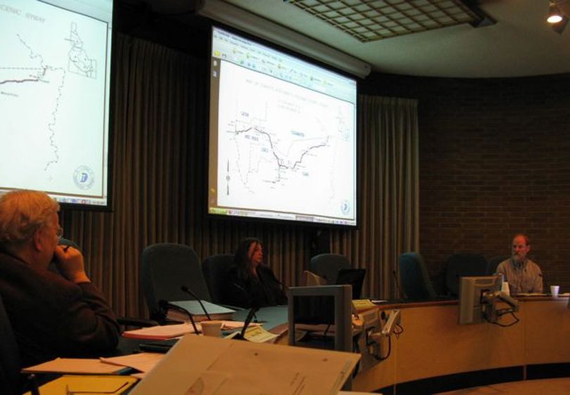 Riverdance Lodge owner Peter Grubb, right, testifies at the contested case hearing Monday on proposed ExxonMobil megaloads on U.S. Highway 12; at left is hearing officer and retired Judge Duff McKee. (Betsy Russell)