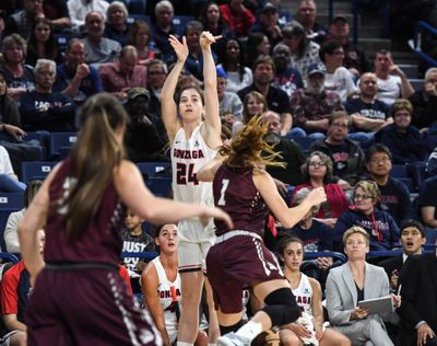Gonzaga guard Katie Campbell, shooting against Montana earlier this month, led the Bulldogs with 12 points against Western Kentucky at Saturday’s Vancouver Showcase. (Dan Pelle / The Spokesman-Review)