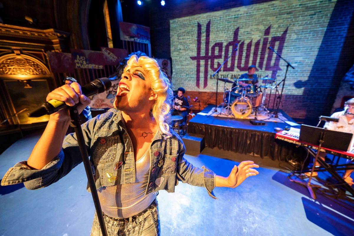 At the Bing Theater, Rio Alberto, playing “Hedwig,” sings “Tear me down” during a dress rehearsal scene from the Stage Left and Spokane Ensemble Theater production of “Hedwig and the Angry Inch.”  (COLIN MULVANY/THE SPOKESMAN-REVIEW)