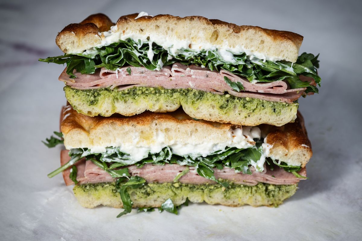 The Bourdain, $20, from Fratello’s inclues mortadella, stracciatella, arugula and pesto.  (COLIN MULVANY/THE SPOKESMAN-REVIEW)