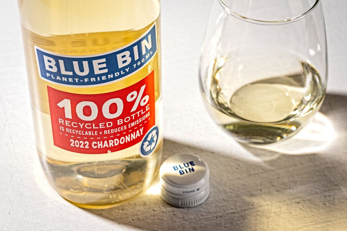 In an effort to lower its carbon footprint, Blue Bin Wine uses plastic wine bottles, each weighing 53 grams, made from recycled plastic.  (Scott Suchman/For the Washington Post)