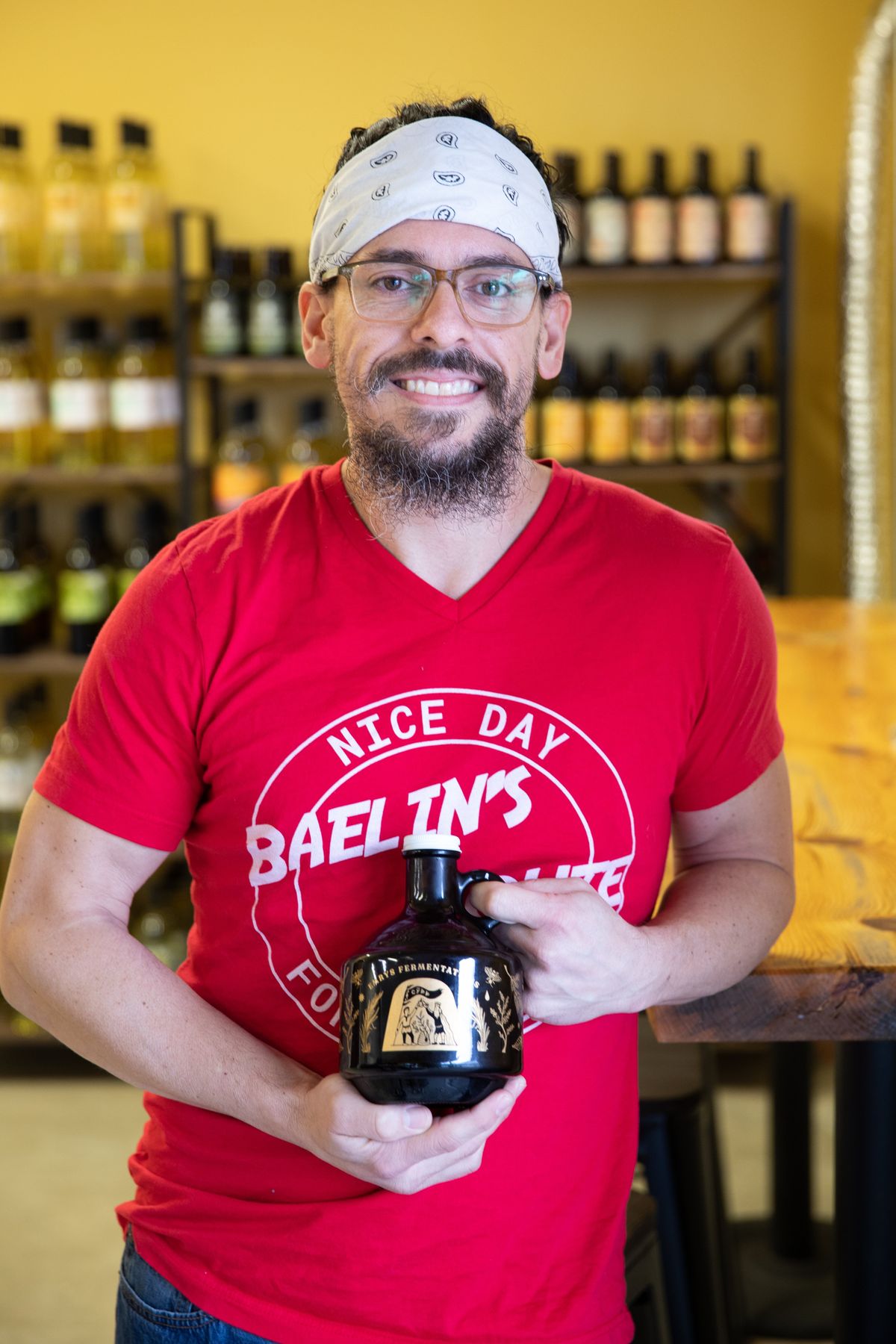 Brewer Thomas Croskrey specializes in making mead, and he is opening the meadery and brewery Emrys Fermentations in Liberty Lake. Croskrey is pictured here at Hierophant Meadery, in Green Bluff, with mead he made at home.  (Courtesy of Ari Nordhagen)