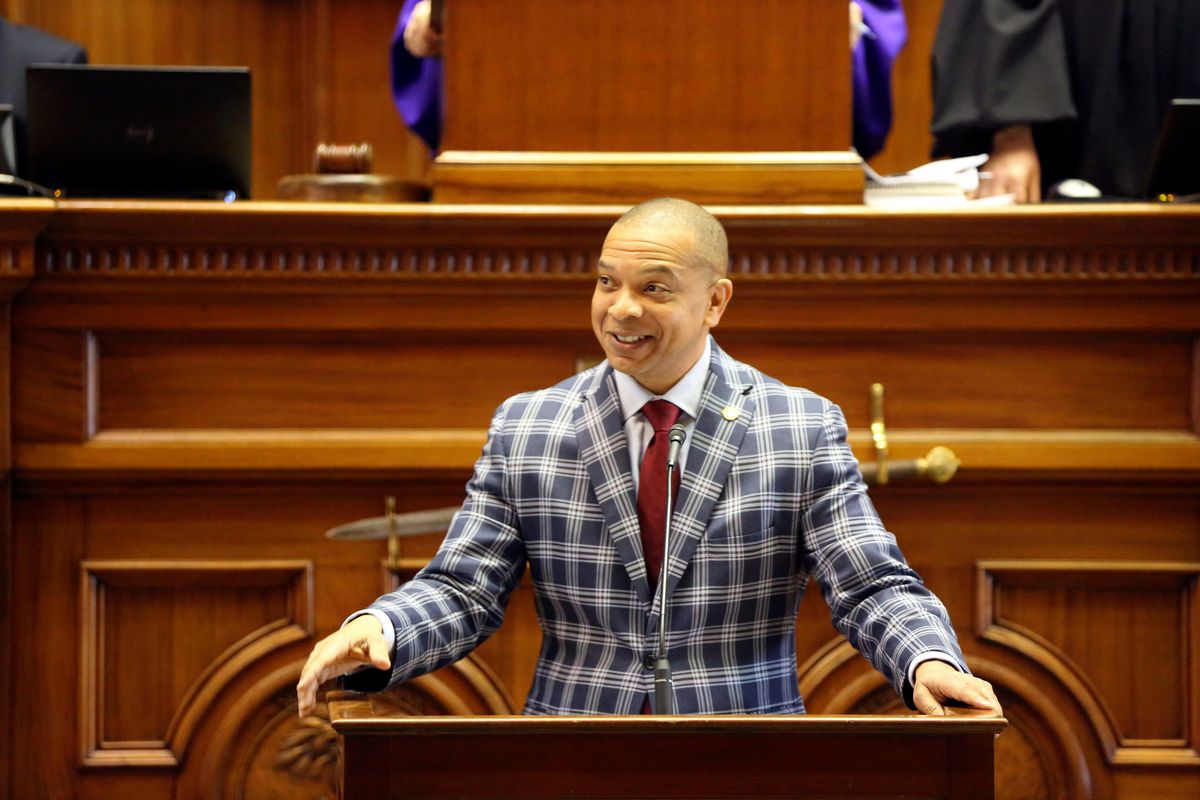 South Carolina Sen. Marlon Kimpson, D-Charleston, asks fellow senators to stop delaying a debate on a hate crimes bill on Thursday, Feb. 10, 2022, in Columbia, S.C.  (Jeffrey Collins)
