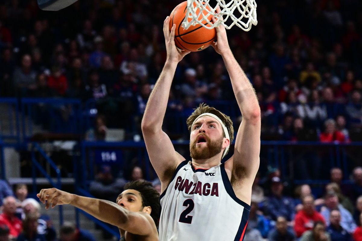 Gonzaga’s Drew Timme powers inside for a basket against Chicago State on Wednesday.  (Tyler Tjomsland/The Spokesman-Review)