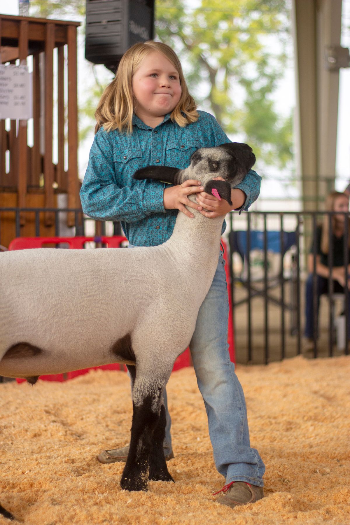 Tripp Haney, 9, of Ione, presents his lamb at the Youth Market Stock Auction at the Spokane Interstate Fair Sunday, Sept. 11, 2022.  (Quinn Welsch/THE SPOKESMAN-REVIE)