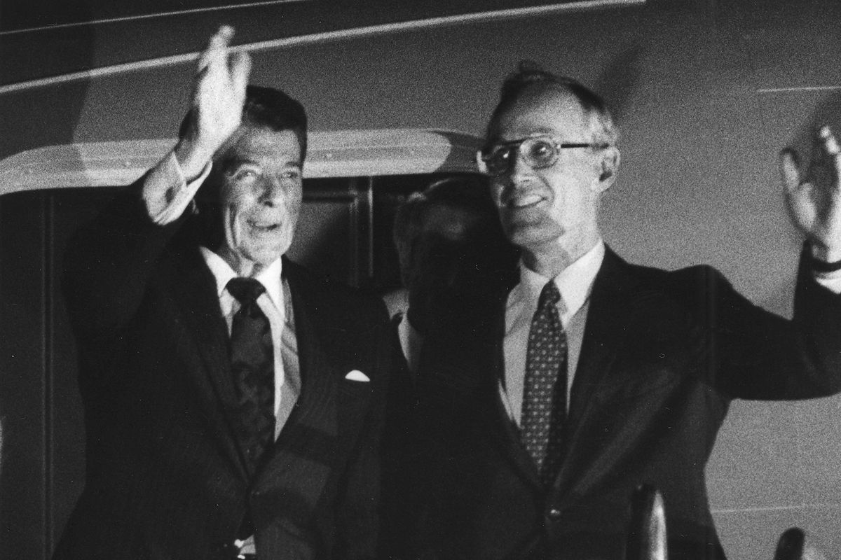 In this 1986 photo, President Ronald Reagan and Slade Gorton wave to onlookers in Spokane.  (Dan Pelle/The Spokesman-Review)