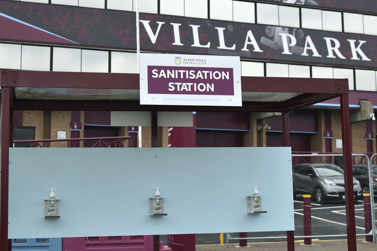 A view of a sanitisation station, at Villa Park stadium, a day ahead of the English Premier League soccer match between Aston Villa and Sheffield United, as the league resumes play after a 100-day pandemic-enforced shutdown, at Villa Park in Birmingham, England, Tuesday, June 16, 2020.  (Rui Vieira)