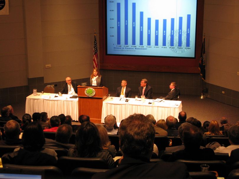 Jani Revier, Gov. Butch Otter's budget chief, addresses the Associated Taxpayers of Idaho conference on Wednesday (Betsy Russell)