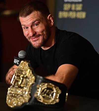 In this Sept. 10, 2016, file photo, Stipe Miocic speaks during a post fight press conference after his knockout win over Alistair Overeem, from the Netherlands, in a heavyweight title bout at UFC 203, in Cleveland. Miocic finally gets his chance for revenge, and this time he is defending his world heavyweight title for the second time. (David Dermer / Associated Press)