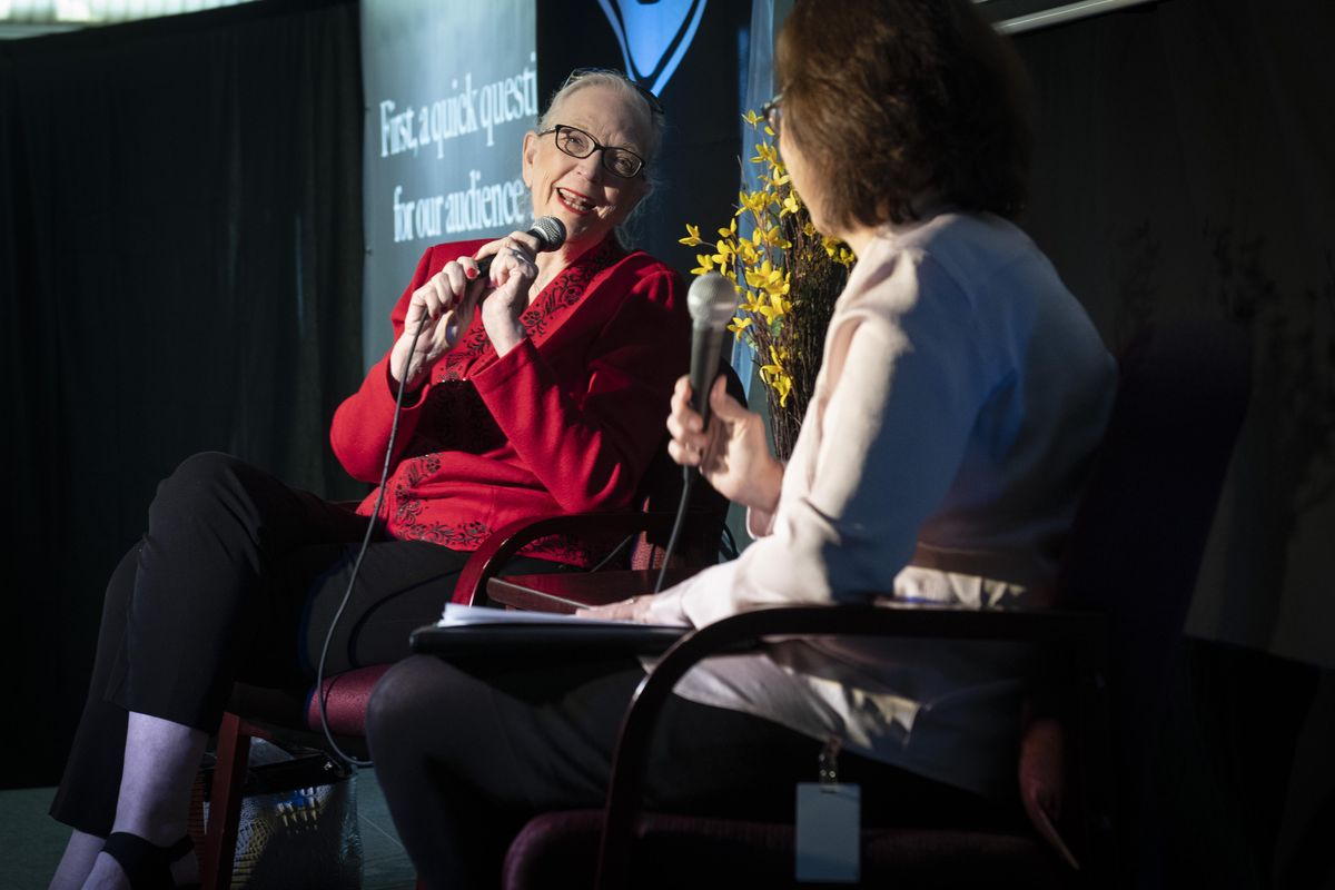 Best-selling mystery author J.A. Jance talks about her work in a conversation with Spokesman-Review Senior Editor Donna Wares during a Northwest Passages Book Club event held, Wed., April 18, 2018, at The Spokesman-Review. (Colin Mulvany / The Spokesman-Review)