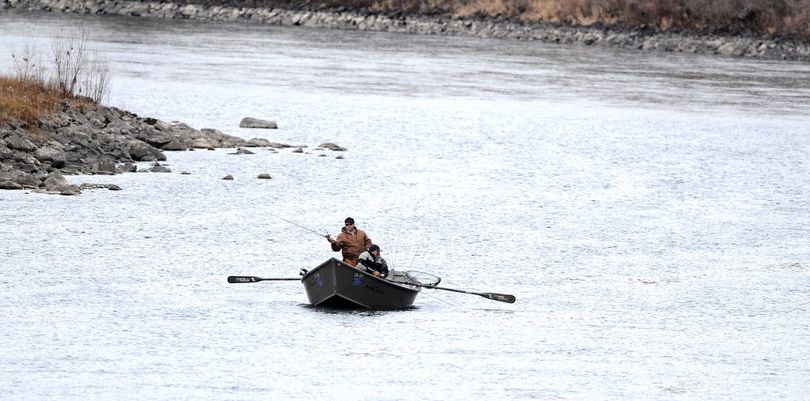 In this Feb. 4, 2014 photo, a group of steelhead fishermen have the Clearwater River to themselves, as the make their way down river in Lewiston, Idaho. Steelhead anglers fishing the Clearwater River have seen restrictive regulations, low bag limits and a disappointing return of B-run fish this fall and winter. Those conditions have kept efforts low, but anglers willing to face them have experienced some darn good fishing at times. (Steve Hanks / Lewiston Tribune)