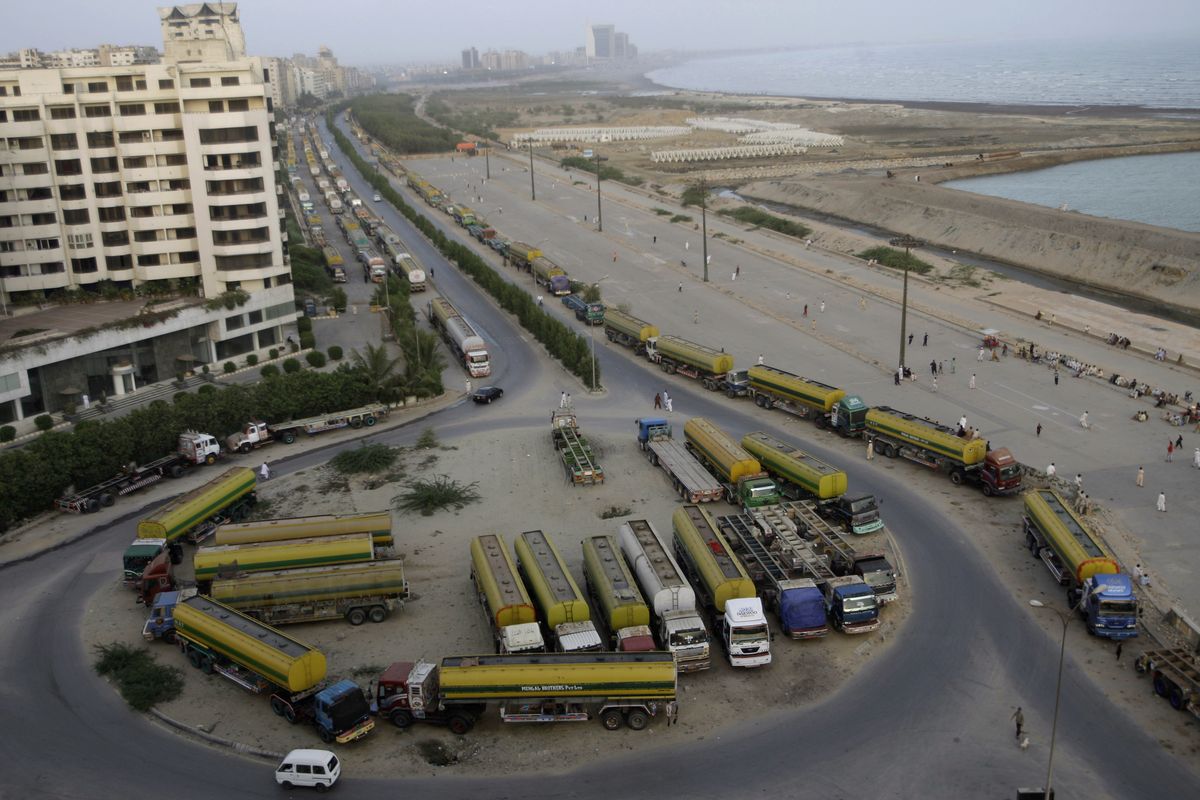 Oil tankers, which were used to transport NATO fuel supplies to Afghanistan, are parked, in Karachi, Pakistan, on Monday. (Associated Press)