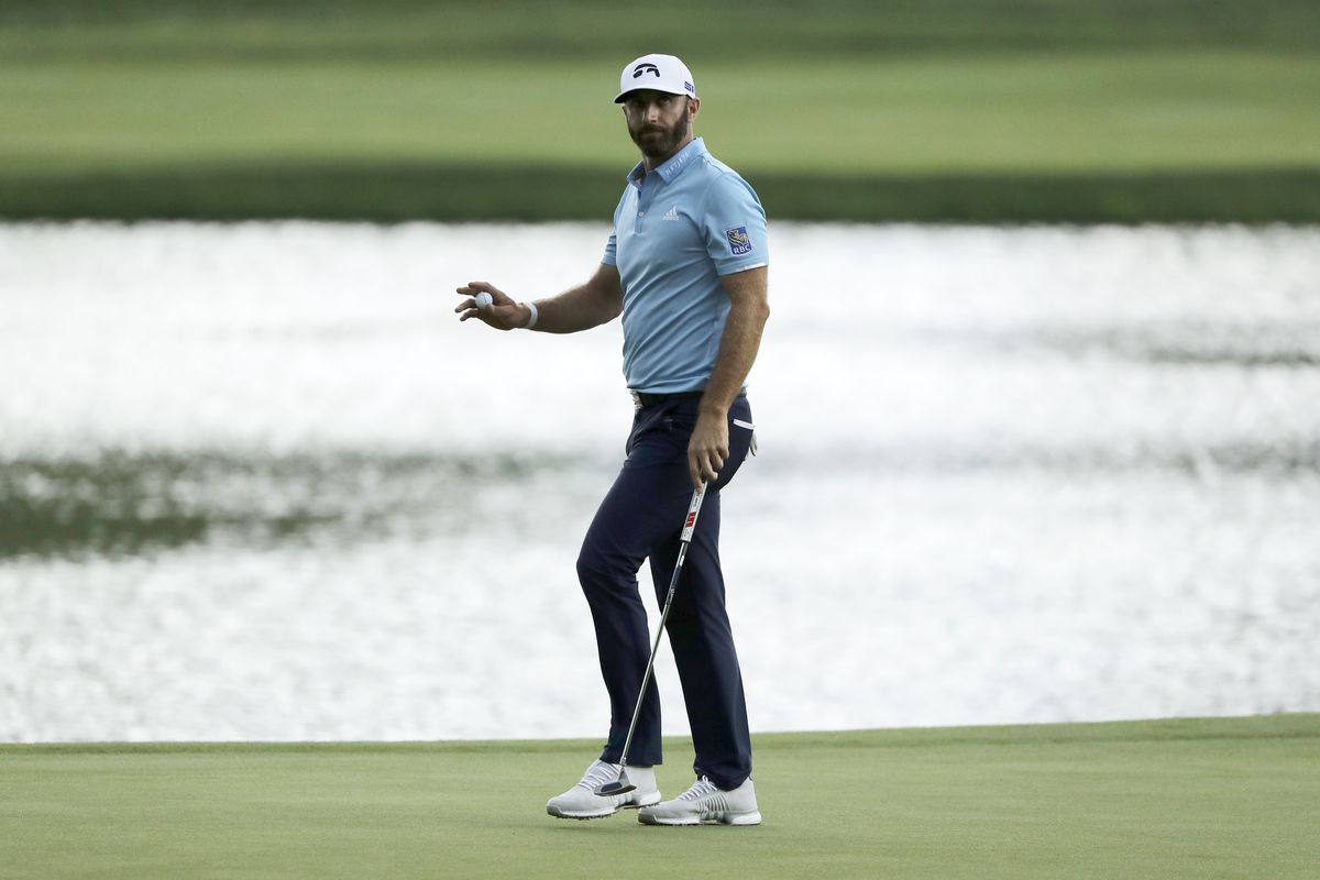Dustin Johnson reacts after sinking his putt on the 15th green during the final round of the Travelers Championship golf tournament at TPC River Highlands, Sunday, June 28, 2020, in Cromwell, Conn. (Frank Franklin II)